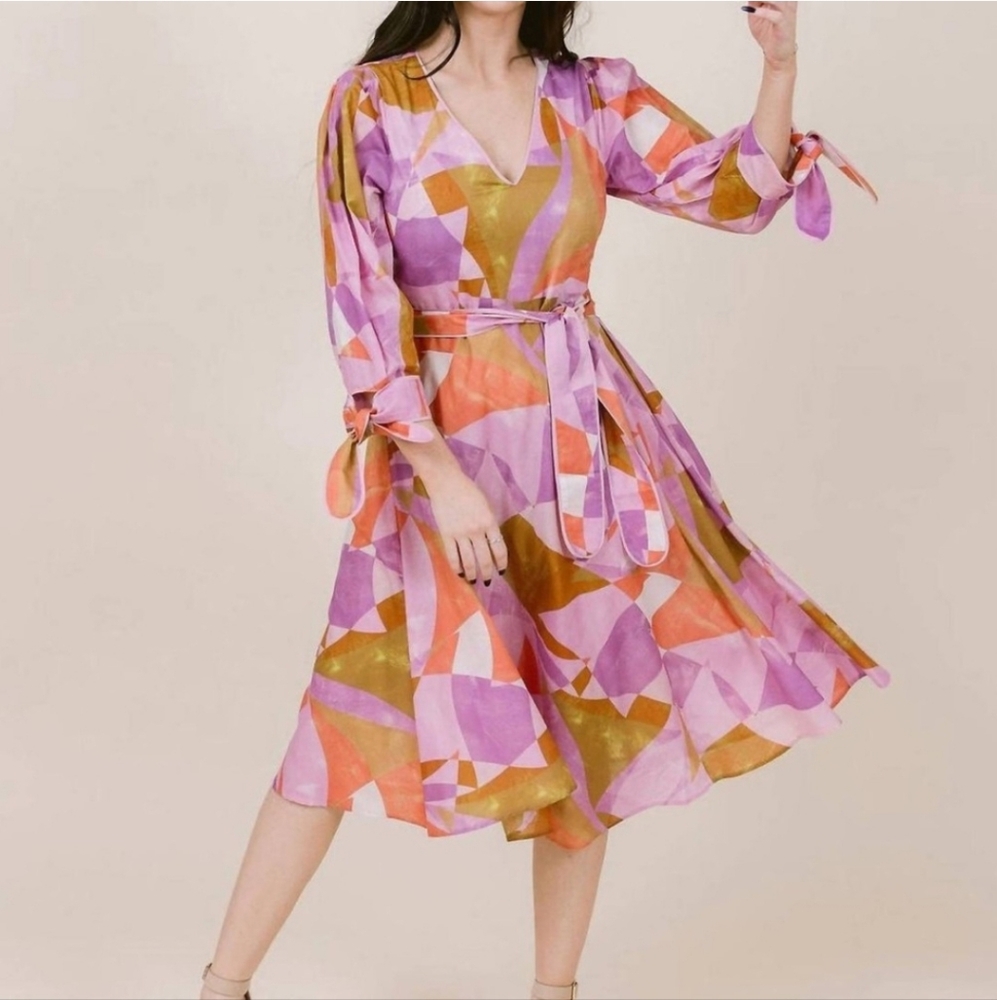 LaRoque Davis Midi Dress in Pink Art Deco A Line Belted